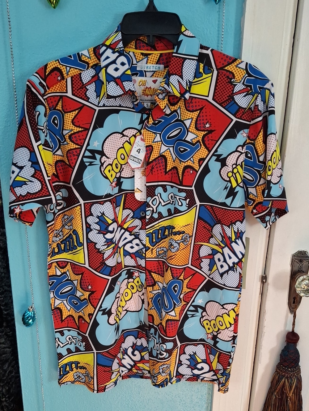 Comic Book OH SNAP Old School Men Sm Button Shirt Drill Clothing Co Boom Pop NWT